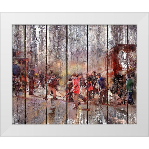 Street Hockey On Boards White Modern Wood Framed Art Print by Murray Henderson Fine Art