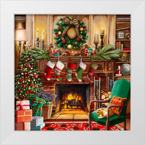Fireside Christmas White Modern Wood Framed Art Print by Boehme, Nicky