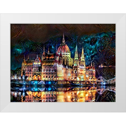 Budapest Hungary Parliament at night White Modern Wood Framed Art Print by Gavidia, Pedro