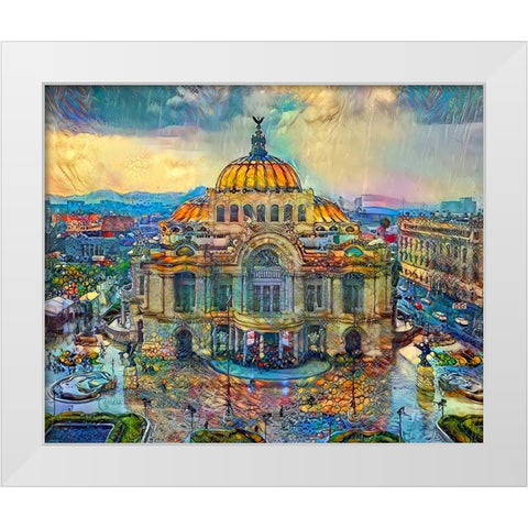 Mexico City Palace of Fine Arts in the rain White Modern Wood Framed Art Print by Gavidia, Pedro