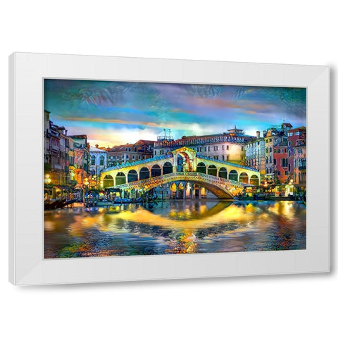 Venice Italy Rialto Bridge at night White Modern Wood Framed Art Print by Gavidia, Pedro
