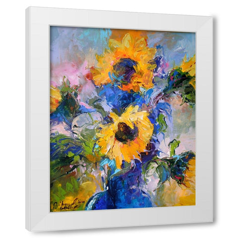 Sunflowers In Blue Vase White Modern Wood Framed Art Print by Wallich, Richard