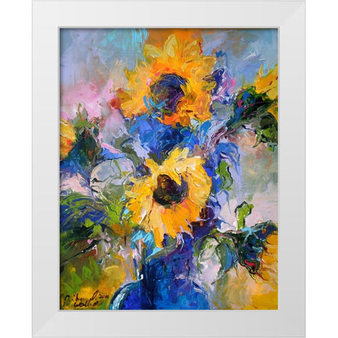 Sunflowers In Blue Vase White Modern Wood Framed Art Print by Wallich, Richard