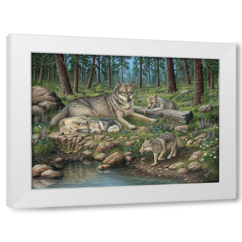 Grey Wolf Mother And Pups White Modern Wood Framed Art Print by Wavra, Robert