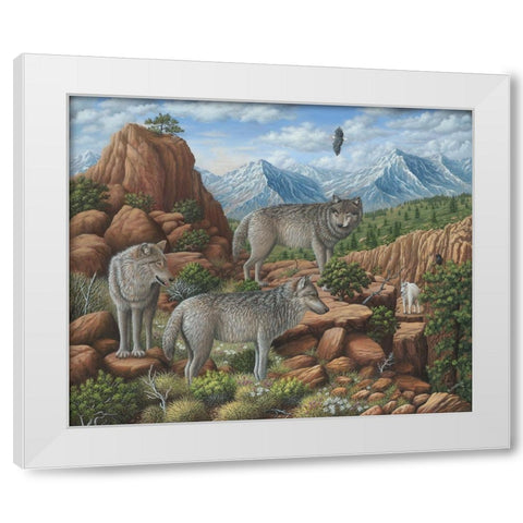 Scouting the Horizon - Grey Wolves White Modern Wood Framed Art Print by Wavra, Robert