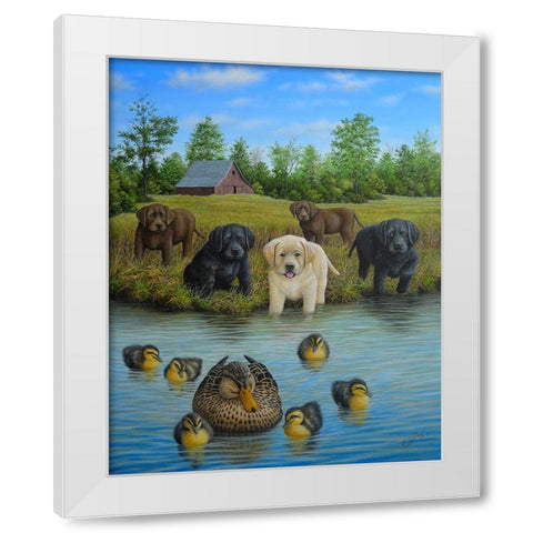 Puppies And Ducklings White Modern Wood Framed Art Print by Wavra, Robert