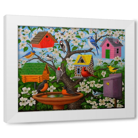 Birds and Birdhouses White Modern Wood Framed Art Print by Wavra, Robert