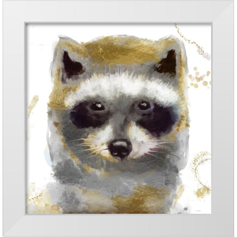 Golden Forest - Raccoon White Modern Wood Framed Art Print by Sasha