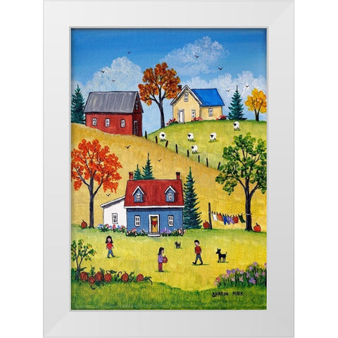 Country Kids and Pumpkins White Modern Wood Framed Art Print by Mark, Sharon
