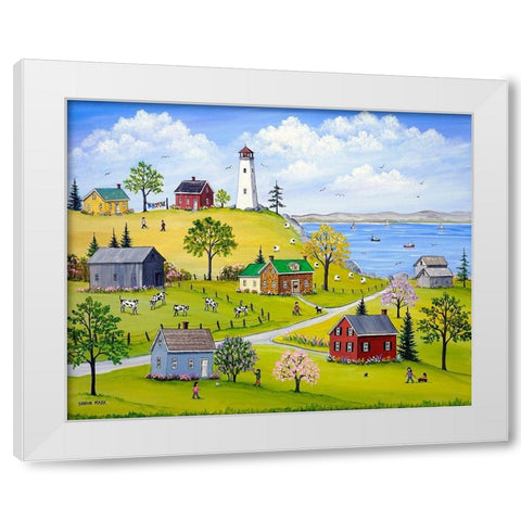 Lighthouse-Lilacs and Lupins White Modern Wood Framed Art Print by Mark, Sharon