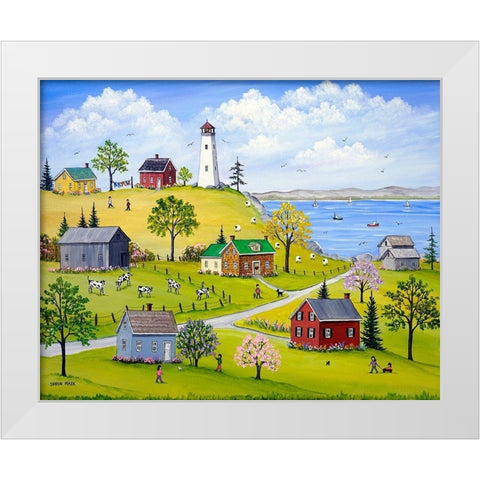 Lighthouse-Lilacs and Lupins White Modern Wood Framed Art Print by Mark, Sharon