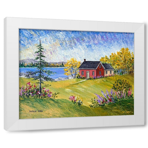 Red Cottage at the Lake White Modern Wood Framed Art Print by Mark, Sharon