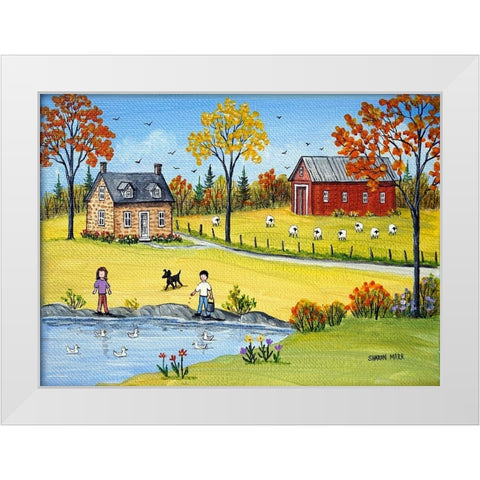 Sheep and Ducks White Modern Wood Framed Art Print by Mark, Sharon