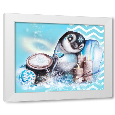 Winter Penguin - with background White Modern Wood Framed Art Print by Sheena Pike Art