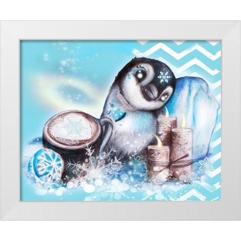 Winter Penguin - with background White Modern Wood Framed Art Print by Sheena Pike Art