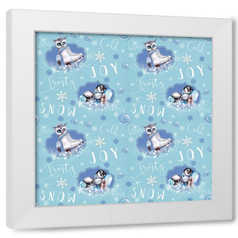 Blue Snowflake Owl Penguin - Pattern White Modern Wood Framed Art Print by Sheena Pike Art