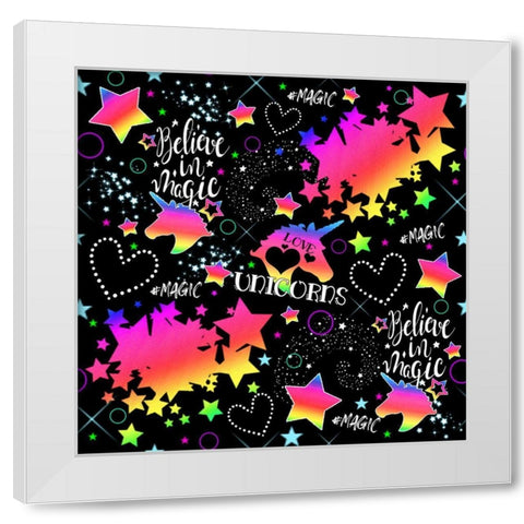 Neon Unicorn Pattern White Modern Wood Framed Art Print by Sheena Pike Art