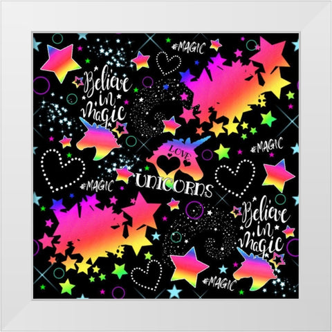 Neon Unicorn Pattern White Modern Wood Framed Art Print by Sheena Pike Art