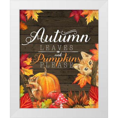 Autumn Leaves and Pumpkins Please Kitty White Modern Wood Framed Art Print by Sheena Pike Art