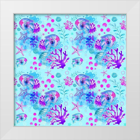 Neon Dolphin Pattern White Modern Wood Framed Art Print by Sheena Pike Art