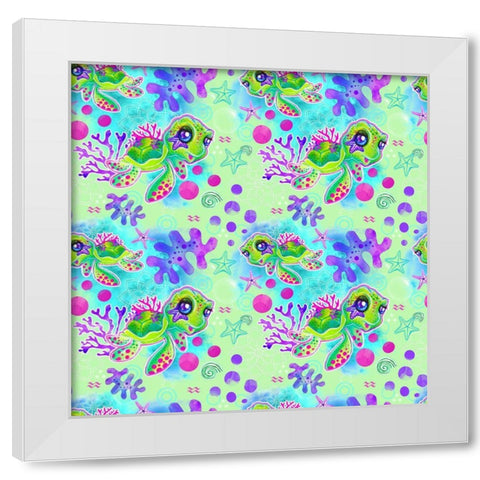 Neon Turtle Pattern White Modern Wood Framed Art Print by Sheena Pike Art