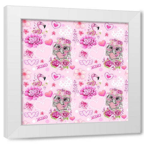 Pink Valentine Elephant And Flamingo Pattern White Modern Wood Framed Art Print by Sheena Pike Art