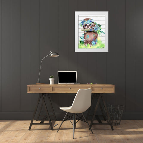 Just Hanging Out Butterfly Sloth White Modern Wood Framed Art Print by Sheena Pike Art