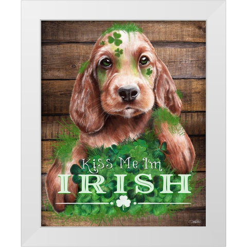 Kiss me Im Irish Puppy White Modern Wood Framed Art Print by Sheena Pike Art