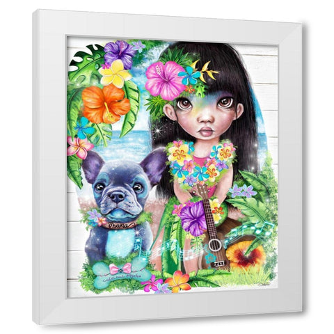 A Hawaiin Girl and her Dog White Modern Wood Framed Art Print by Sheena Pike Art
