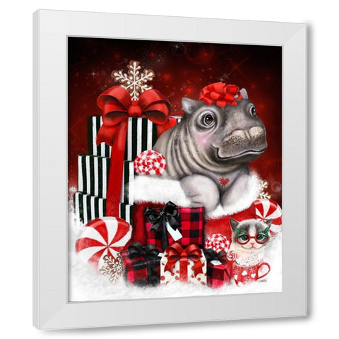 Cutesie Hippo Christmas Surprise White Modern Wood Framed Art Print by Sheena Pike Art