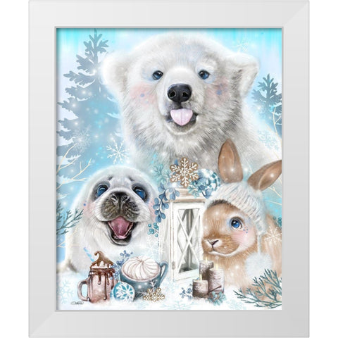 Snowflake Kisses Polar Bear and Friends White Modern Wood Framed Art Print by Sheena Pike Art