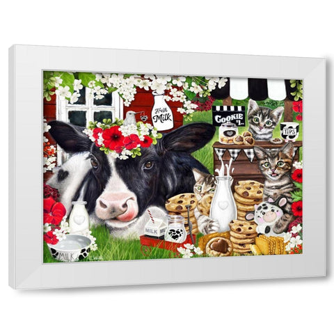 Cookies n Milk Cow and Kitties White Modern Wood Framed Art Print by Sheena Pike Art