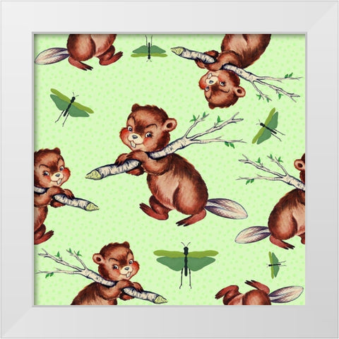 Cute Baby Beaver Pattern White Modern Wood Framed Art Print by Lavoie, Tina