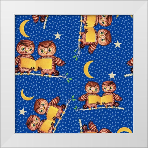 Cute Baby Owls Starry Night Pattern White Modern Wood Framed Art Print by Lavoie, Tina