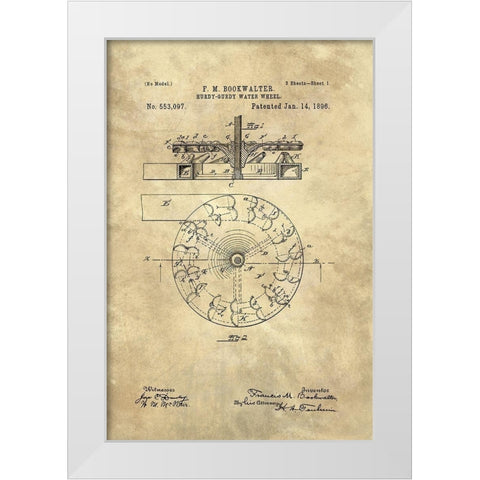 Hurdy-Gurdy Water Wheel blueprint - Industrial Farmhouse White Modern Wood Framed Art Print by Lavoie, Tina