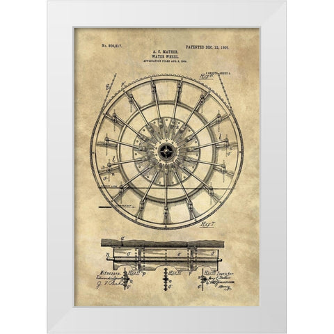 Water Wheel Blueprint Industrial Farmhouse White Modern Wood Framed Art Print by Lavoie, Tina