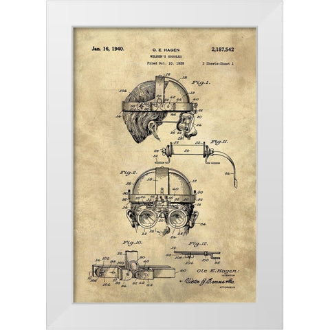 Welding Goggles Blueprint - Industrial Farmhouse White Modern Wood Framed Art Print by Lavoie, Tina