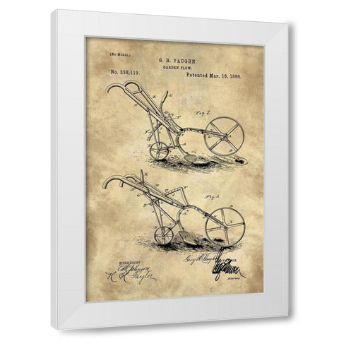 Garden Plow Blueprint Industrial Farmhouse White Modern Wood Framed Art Print by Lavoie, Tina