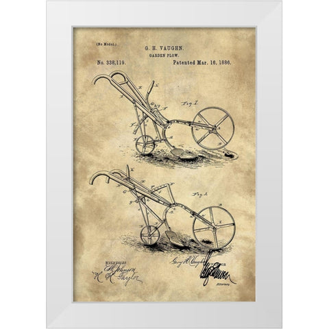 Garden Plow Blueprint Industrial Farmhouse White Modern Wood Framed Art Print by Lavoie, Tina