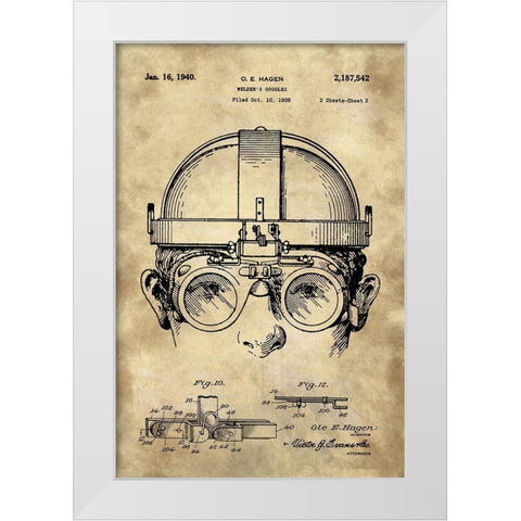 Welding Goggles Blueprint Detail Drawing - Industrial Farmhouse White Modern Wood Framed Art Print by Lavoie, Tina