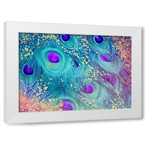 Aqua Rainbow Peacock Feathers White Modern Wood Framed Art Print by Lavoie, Tina
