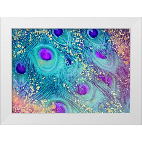Aqua Rainbow Peacock Feathers White Modern Wood Framed Art Print by Lavoie, Tina