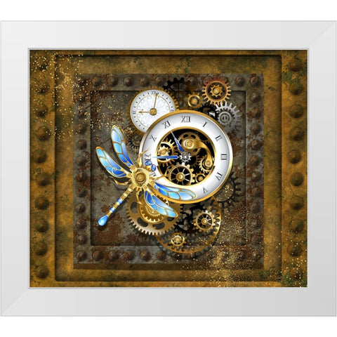 Steampunk Dragonfly Clock White Modern Wood Framed Art Print by Mitchell, Tina