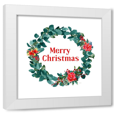 Merry Christmas Eucalyptus Wreath White Modern Wood Framed Art Print by Mitchell, Tina
