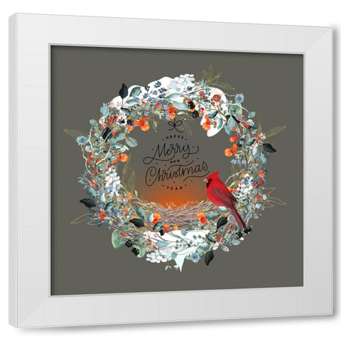 Merry Christmas Happy New Year Wreath White Modern Wood Framed Art Print by Mitchell, Tina