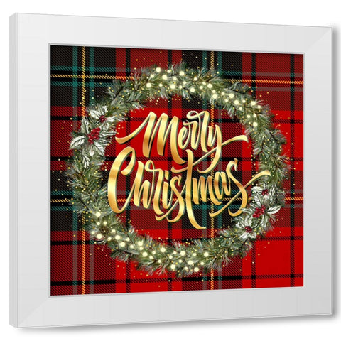 Merry Christmas Golden Wreath White Modern Wood Framed Art Print by Mitchell, Tina