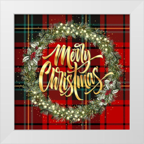 Merry Christmas Golden Wreath White Modern Wood Framed Art Print by Mitchell, Tina