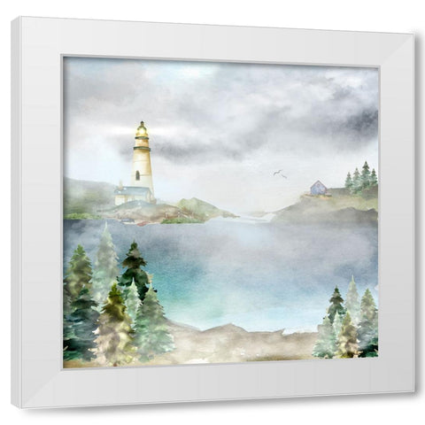 Lighthouse in the Pines White Modern Wood Framed Art Print by Mitchell, Tina