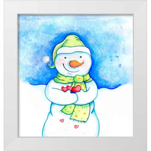 Snowman Holding Hearts White Modern Wood Framed Art Print by Wade, Valarie