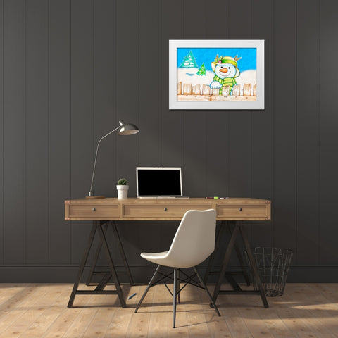 Snowman Fence White Modern Wood Framed Art Print by Wade, Valarie